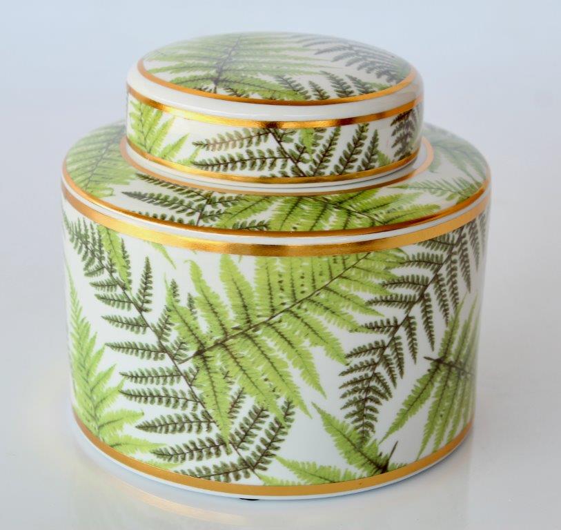 Green & Gold Fern Design Jar With Lid